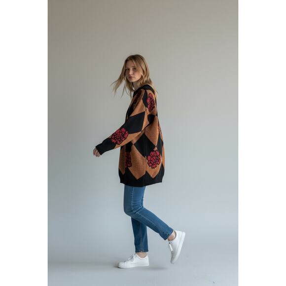 VTG DANA SCOTT Sweater Womens Sz M Red Gold harlequin/floral OVERSIZED pullover - Picture 2 of 7